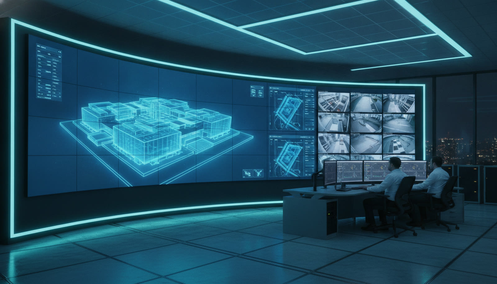 Operations control room with a 3D twin and camera feeds